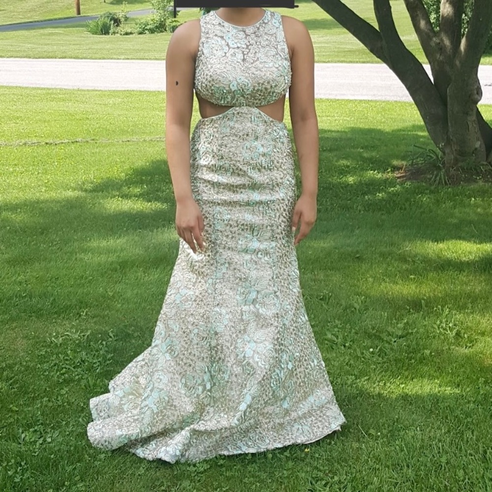 LOUIS LONG PROM DRESS - Teal & Gold Laced Prom Dress - Size 6